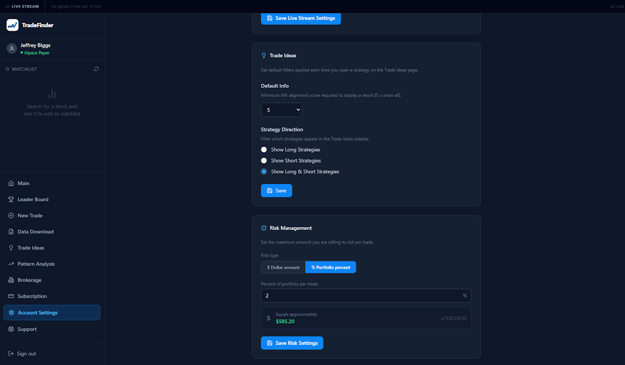 Trade Ideas Settings